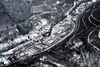 Wintry snowy Industrial and commercial area Alte Spinnerei in Ettlingen in the state Baden-Wurttemberg, Germany