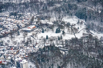Aerial view of Kurhaus Waldbronn in the snow in the district Reichenbach in Waldbronn in the state Baden-Wuerttemberg, Germany