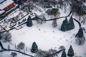Sledding in the spa park in the district Reichenbach in Waldbronn in the state Baden-Wuerttemberg, Germany