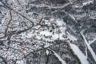 Spa park in winter in the district Reichenbach in Waldbronn in the state Baden-Wuerttemberg, Germany