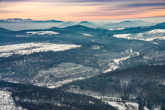 Wintry treetops in a wooded area around the snowy valley of the river Alb and panorma of the Black Forest at the horizon