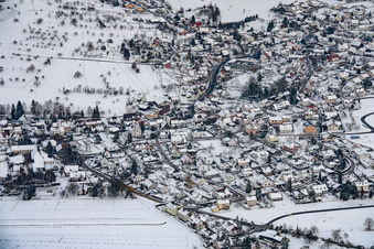 Aerial view of In the snow in the district Ottenhausen in Straubenhardt in the state Baden-Wuerttemberg, Germany