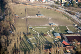 Aerial view of Mhou Ostrich Farm in Rülzheim in the state Rhineland-Palatinate, Germany