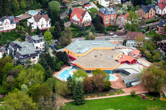 Aerial view of Spa and swimming pools at the swimming pool of the leisure facility in Bad Bergzabern in the state Rhineland-Palatinate