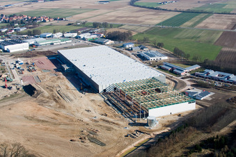 Aerial view of Construction of a new logistics hall in the Am Horst industrial estate in the district Minderslachen in Kandel in the state Rhineland-Palatinate, Germany