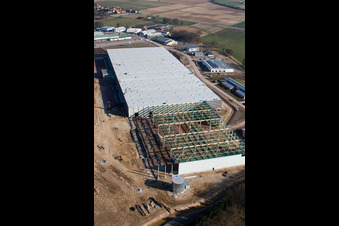 Construction of a new logistics hall in the Am Horst industrial estate in the district Minderslachen in Kandel in the state Rhineland-Palatinate, Germany from above