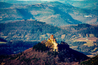 Aerial photograpy of Trifels Castle from the southwest in the district Bindersbach in Annweiler am Trifels in the state Rhineland-Palatinate, Germany