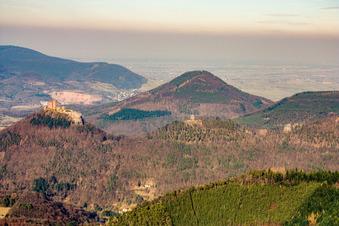 Aerial view of Trifels Castle from the west in the district Bindersbach in Annweiler am Trifels in the state Rhineland-Palatinate, Germany