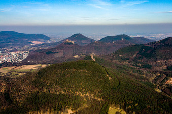 Aerial photograpy of Trifels Castle from the west in the district Bindersbach in Annweiler am Trifels in the state Rhineland-Palatinate, Germany