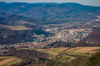From the southwest in Annweiler am Trifels in the state Rhineland-Palatinate, Germany
