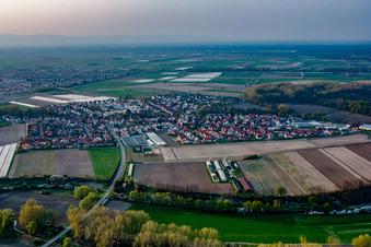 Aerial photograpy of Village - view on the edge of agricultural fields and farmland in Kuhardt in the state Rhineland-Palatinate