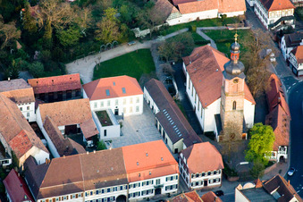 Parish Church of St. Michael in Rheinzabern in the state Rhineland-Palatinate, Germany from above