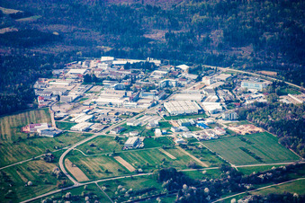 Aerial view of Ittersbach, industrial area in the district Im Stockmädle in Karlsbad in the state Baden-Wuerttemberg, Germany
