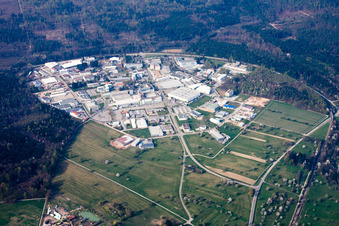 Oblique view of Ittersbach, industrial area in the district Im Stockmädle in Karlsbad in the state Baden-Wuerttemberg, Germany