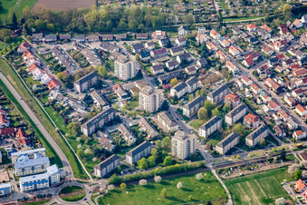 Aerial view of Oberfeldstraße from the east in the district Forchheim in Rheinstetten in the state Baden-Wuerttemberg, Germany
