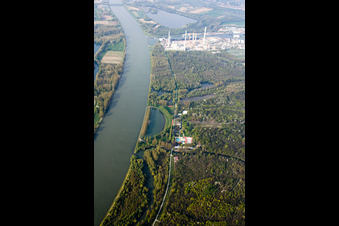 Aerial photograpy of Shore areas of the outdoor swimming pool Rheinstrandbad Rappenwört on the Rhine in the district Daxlanden in Karlsruhe in the state Baden-Wuerttemberg, Germany