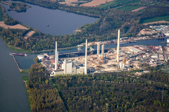 Aerial view of EnBW power plant construction site in the district Daxlanden in Karlsruhe in the state Baden-Wuerttemberg, Germany