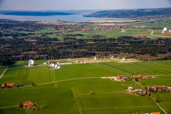 Aerial view of Raisting Earth Station and German Aerospace Center (DLR) Weilheim in Wielenbach in the state Bavaria, Germany