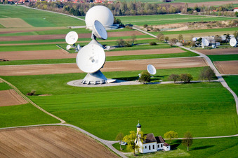 Aerial view of Parabolic satellite dishes Erdfunkstelle Raisting on Hofstaetterweg in Raisting in the state Bavaria