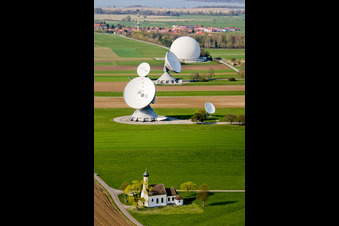 Aerial photograpy of Parabolic satellite dishes Erdfunkstelle Raisting on Hofstaetterweg in Raisting in the state Bavaria