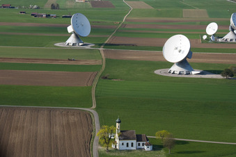 Aerial photograpy of Earth station Raisting and German Aerospace Center (DLR) Weilheim in Raisting in the state Bavaria, Germany