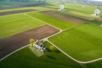 Oblique view of Parabolic satellite dishes Erdfunkstelle Raisting on Hofstaetterweg in Raisting in the state Bavaria