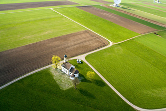 Aerial view of Chapel of St. John the Baptist in Raisting in the state Bavaria, Germany