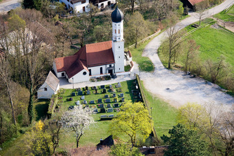 Aerial view of Catholic branch church of St. Pankratius in the district Mitterfischen in Pähl in the state Bavaria, Germany