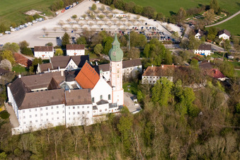 Oblique view of Monastery Andechs in the district Erling in Andechs in the state Bavaria, Germany