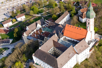 Aerial photograpy of Monastery Brewery Andechs in the district Erling in Andechs in the state Bavaria, Germany