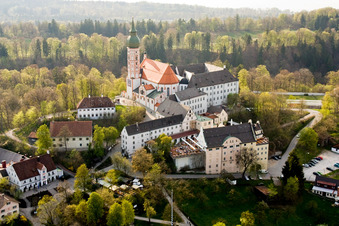 Aerial photograpy of Complex of buildings of the monastery and brewery on Bergstrasse in Andechs in the state Bavaria