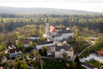 Aerial view of Benedictine monastery Andechs,, church and medieval pilgrimage site in an elevated position, with brewery and beer garden in the district Erling in Andechs in the state Bavaria, Germany