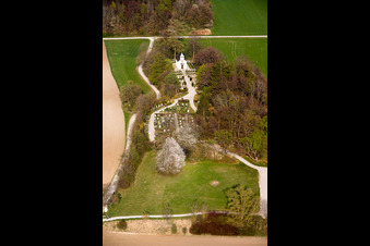 Aerial view of Cemetery and Peace Chapel in the district Erling in Andechs in the state Bavaria, Germany