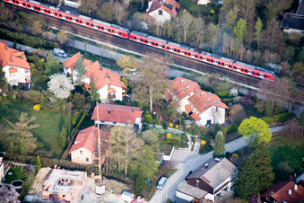 Aerial view of Regional train in Tutzing in the state Bavaria, Germany