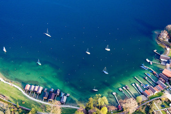 Aerial view of Riparian areas on the lake area of Starnberger See in Tutzing in the state Bavaria