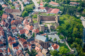 Aerial view of Ruins and vestiges of the former castle and fortress Neuleiningen in Neuleiningen in the state Rhineland-Palatinate