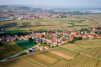 Village - view on the edge of agricultural fields and farmland in Kleinkarlbach in the state Rhineland-Palatinate, Germany