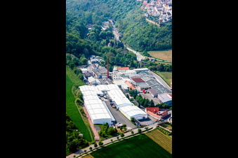 Aerial view of Building and production halls on the premises of the chemical manufacturers Gechem GmbH & Co KG in the district Neuleiningen-Tal in Kleinkarlbach in the state Rhineland-Palatinate, Germany