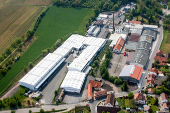 Aerial photograpy of Building and production halls on the premises of the chemical manufacturers Gechem GmbH & Co KG in the district Neuleiningen-Tal in Kleinkarlbach in the state Rhineland-Palatinate, Germany