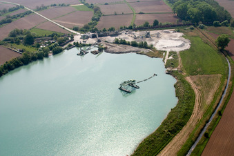 Aerial view of Gravel works at Epplesee in Neuburg am Rhein in the state Rhineland-Palatinate, Germany