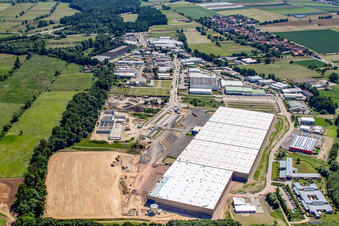 New logistics center at Horstring in the district Minderslachen in Kandel in the state Rhineland-Palatinate, Germany from the drone perspective