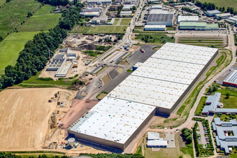 New logistics center at Horstring in the district Minderslachen in Kandel in the state Rhineland-Palatinate, Germany seen from a drone