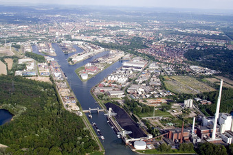 Aerial view of Rhine harbor in the district Mühlburg in Karlsruhe in the state Baden-Wuerttemberg, Germany