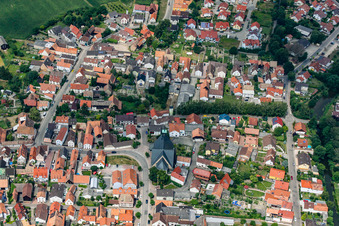 Aerial view of St. Gertrud, Lower Main Street in Leimersheim in the state Rhineland-Palatinate, Germany
