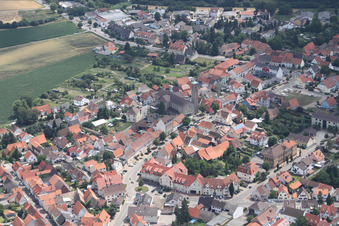Aerial view of St. Leo the Great Church in the district Sankt Leon in St. Leon-Rot in the state Baden-Wuerttemberg, Germany