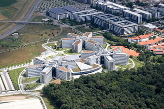 Drone image of Star-shaped office buildings of the SAP Deutschland SE & Co. KG at the forest edged in Walldorf in the state Baden-Wurttemberg