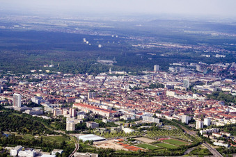 From the south (Europahalle, ZKM) in the district Südweststadt in Karlsruhe in the state Baden-Wuerttemberg, Germany