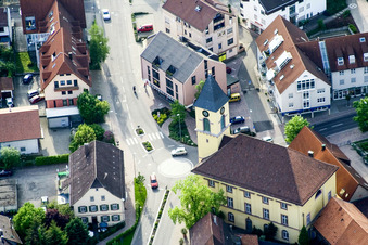 Ludwigskirche and Central Pharmacy in the district Langensteinbach in Karlsbad in the state Baden-Wuerttemberg, Germany