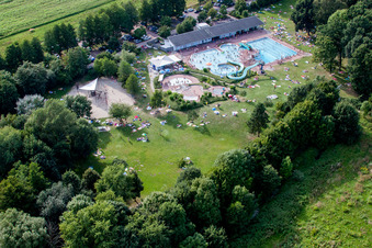 Aerial view of Waterslide on Swimming pool of the Waldschwimmbad Kandel in Kandel in the state Rhineland-Palatinate, Germany