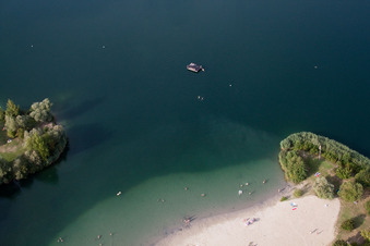 Sandy beach areas on the quarry lake Johanneswiese in Jockgrim in the state Rhineland-Palatinate